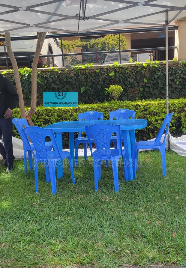 6 Plastic Chairs (Blue) and 1 Plastic Rectangular Table - main view