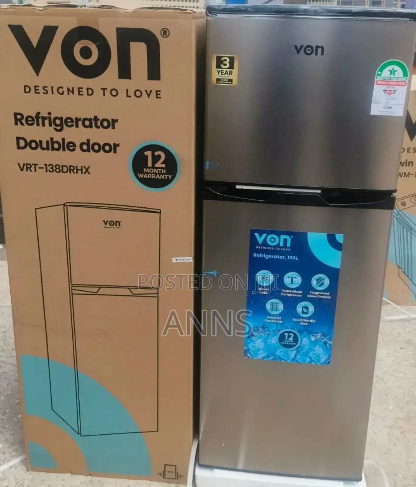 Von 138litres Dark Silver Double Door Fridge