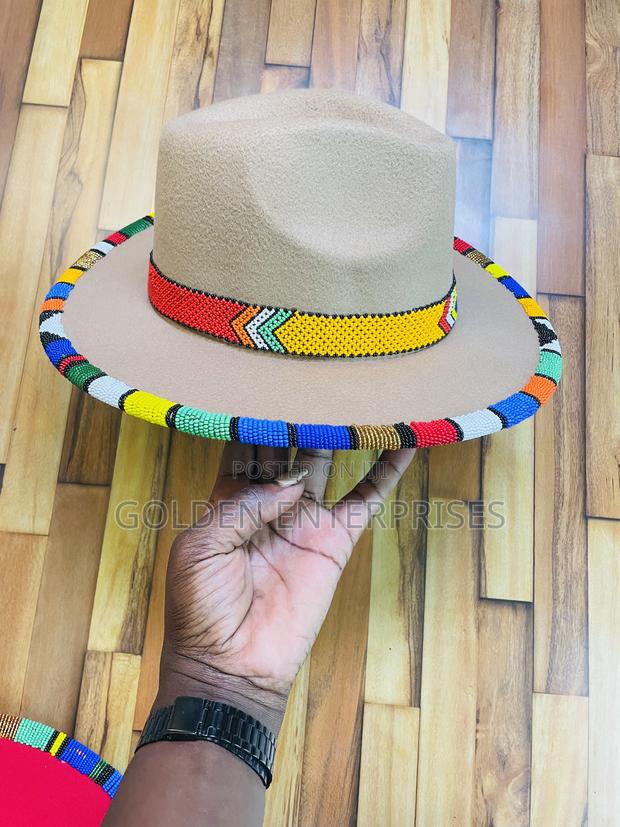 Beige Fashionable Beaded Fedora Hat - thumbnail 2