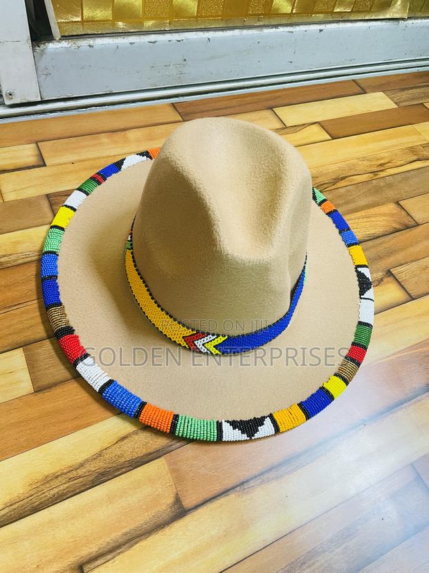 Beige Fashionable Beaded Fedora Hat - main view