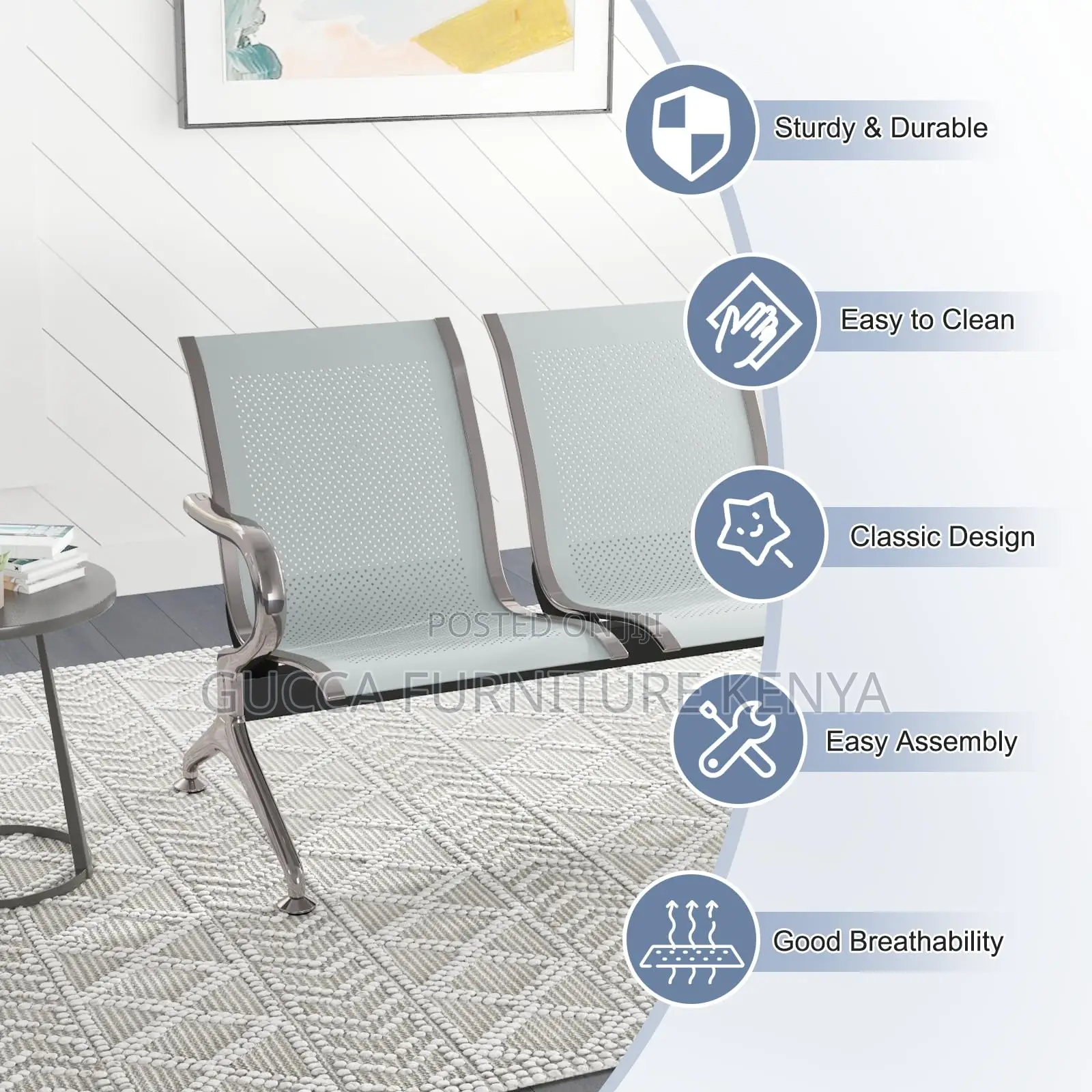 Benches:3-Seat Waiting Room Bench With Ergonomic Backrest