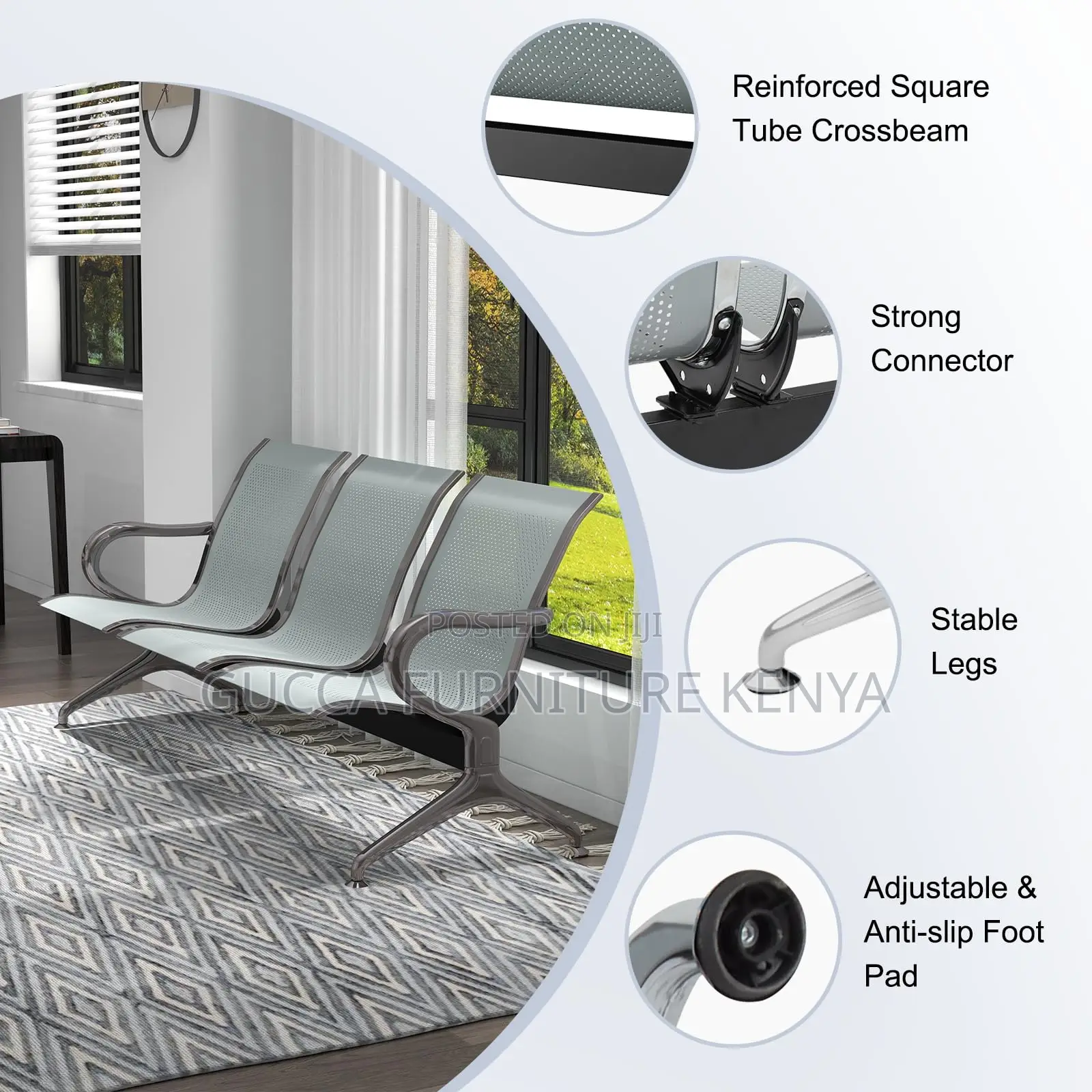 Benches:3-Seat Waiting Room Bench With Ergonomic Backrest