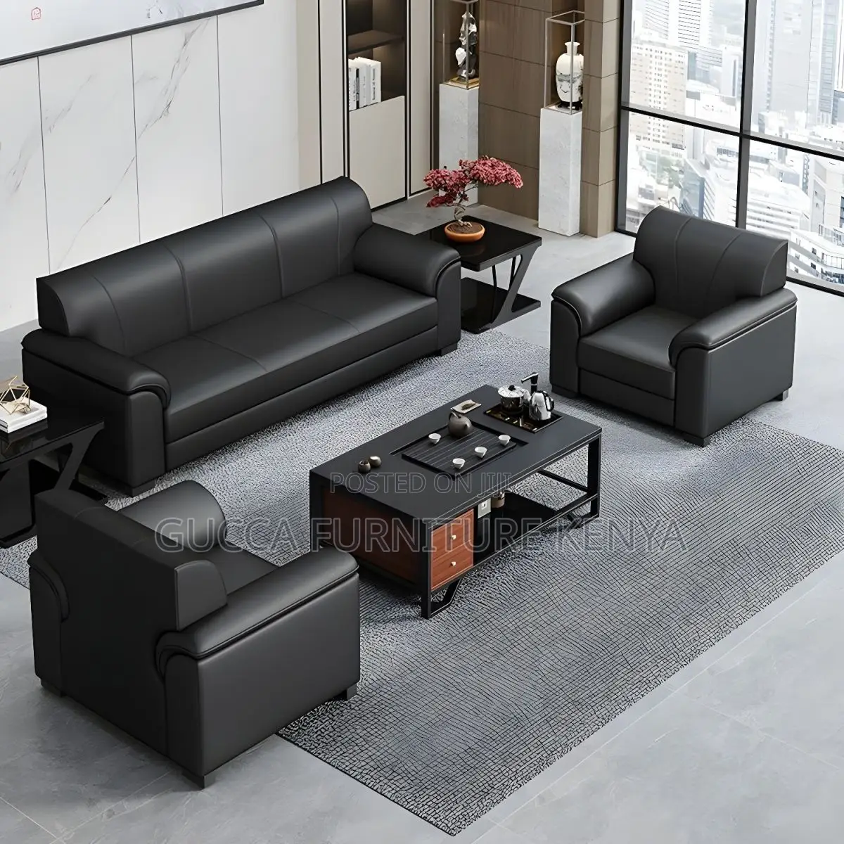 Sofas: Stylish Modern Black Leather 5-Seater Office Sofa
