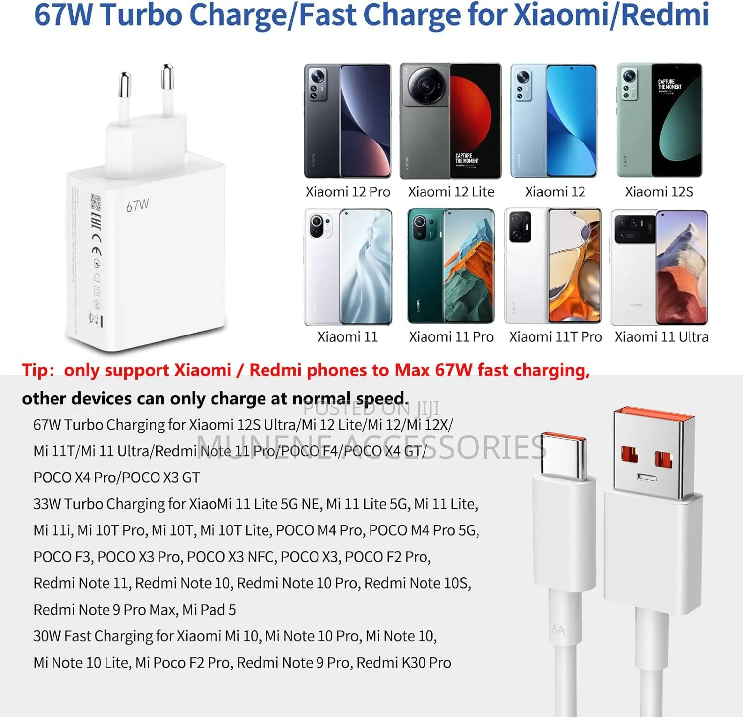 67w Usb Turbo Charger Plug With Type C Charging Cable Xiaomi
