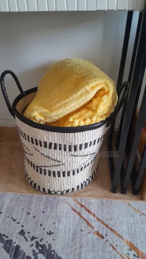 Basket White/Black With Leathered Handles for Throw Blankets