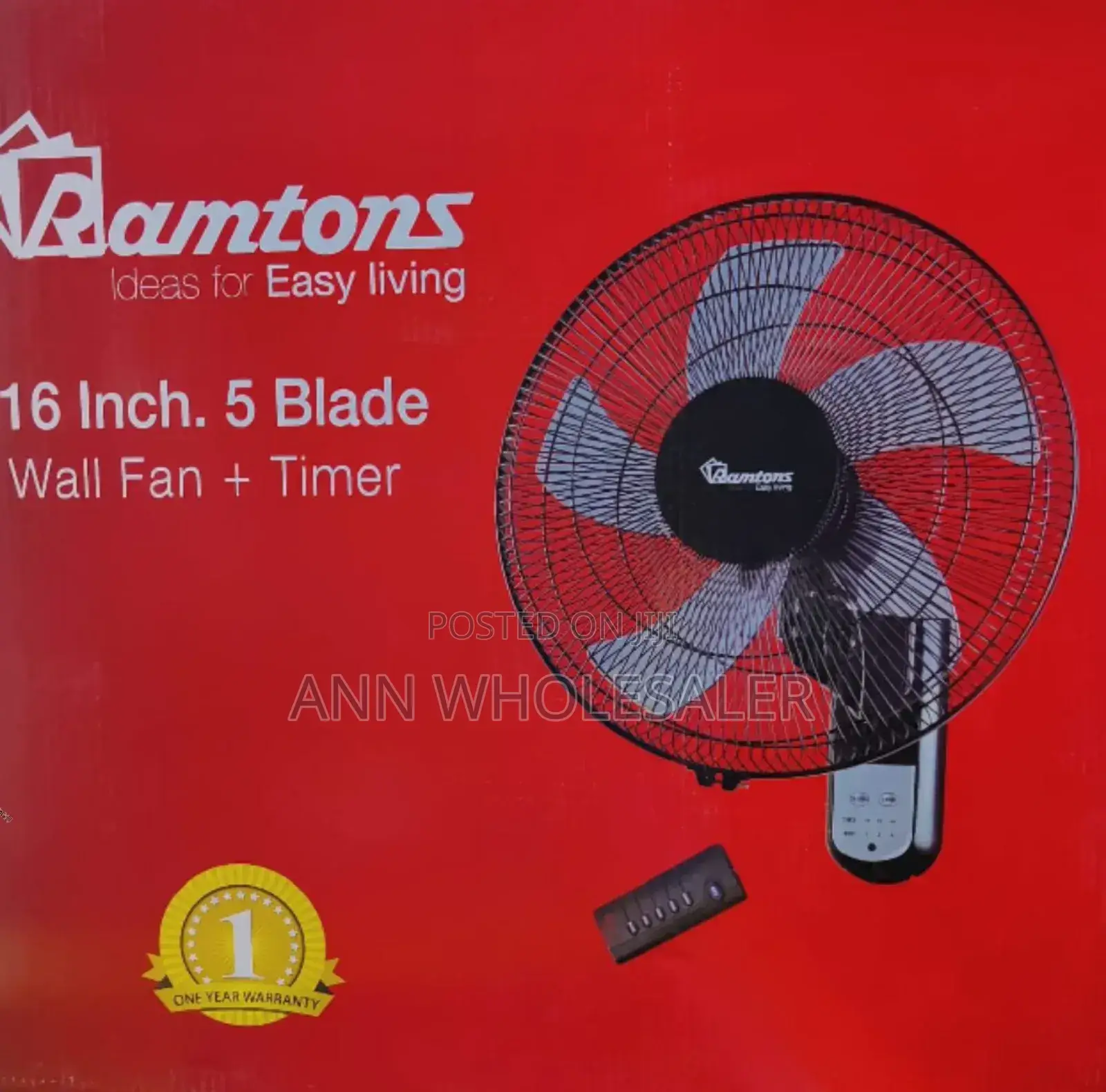Black Ramtons 16 Inches Wall Fan 5 Blades With Remote RM/RF