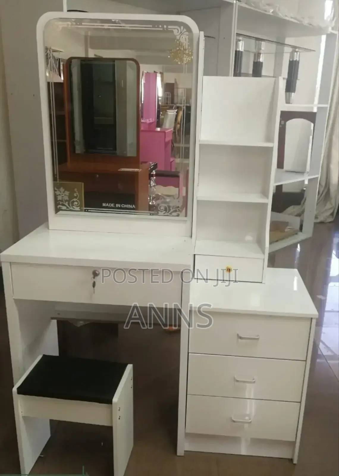 White Dressing Table With Sliding Mirror and Stool