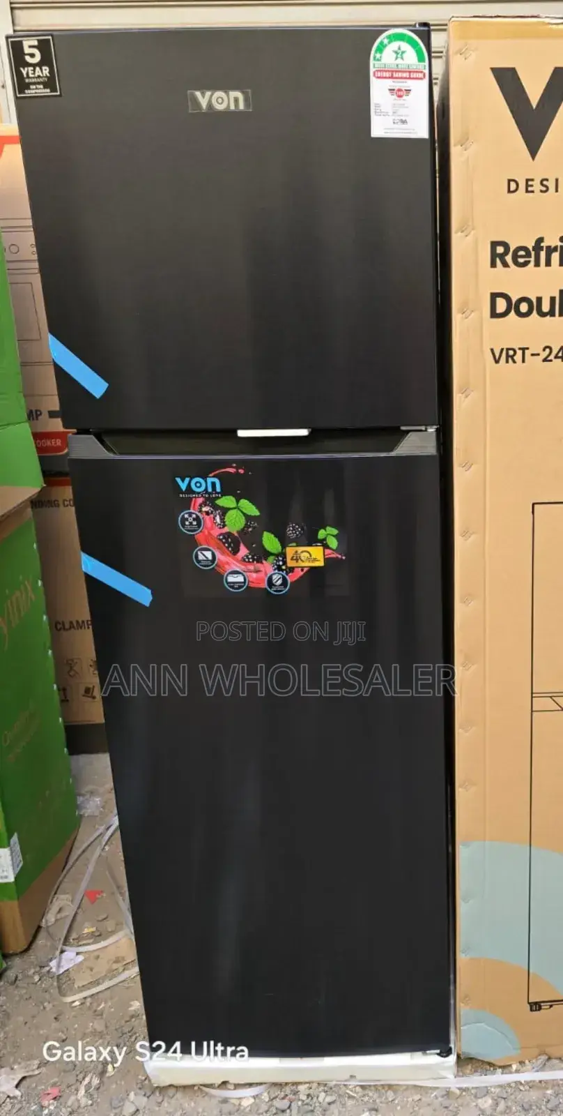 Black Von 247 Litres Double Door Refrigerator v/NRF
