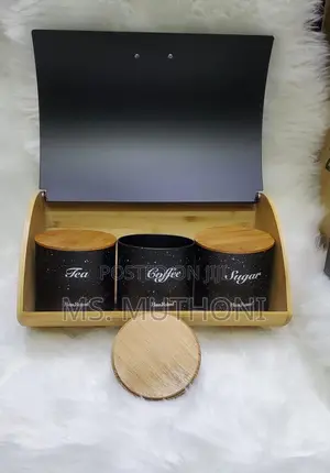 BREAD STORAGE BIN WOODEN SUPPORT With 3 PCS Tea Canisters
