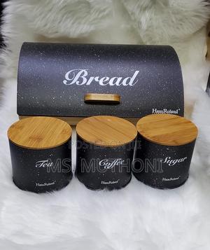 BREAD STORAGE BIN WOODEN SUPPORT With 3 PCS Tea Canisters - thumbnail 2