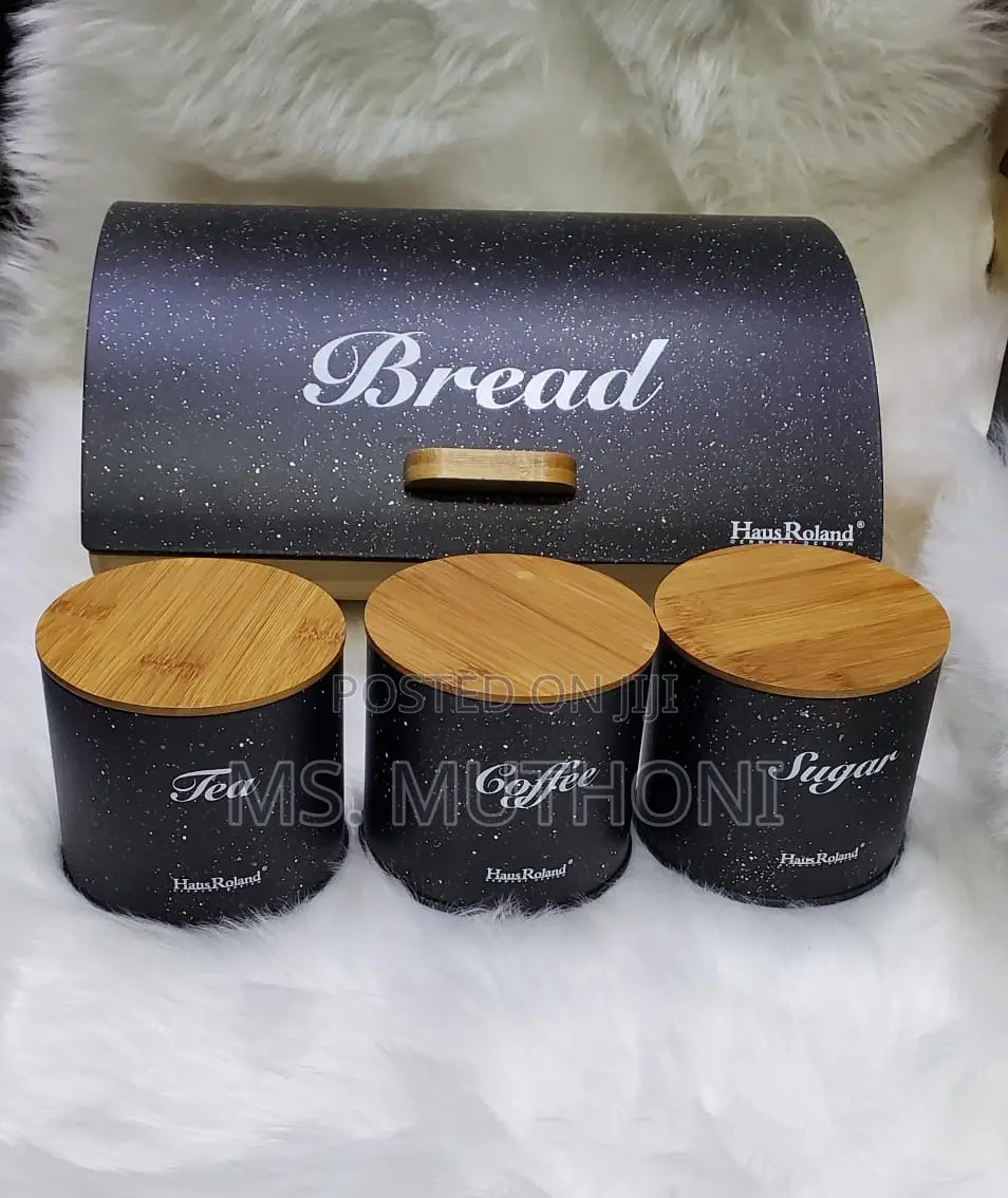 BREAD STORAGE BIN WOODEN SUPPORT With 3 PCS Tea Canisters