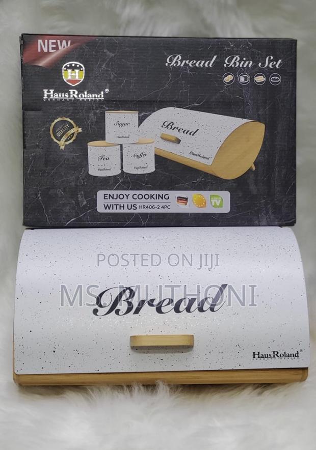 BREAD STORAGE BIN WOODEN SUPPORT With 3 PCS Tea Canisters - thumbnail 5