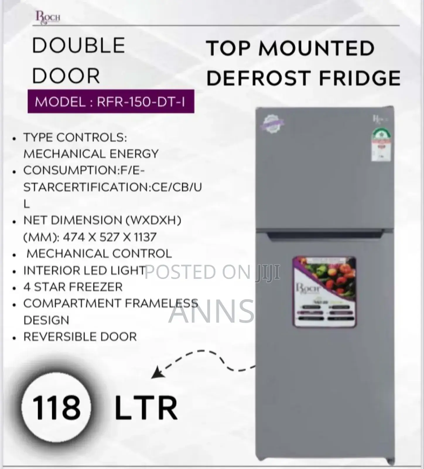 Roch 118litres Double Door Fridge
