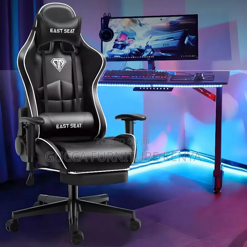 Office Chairs: Black Leather Modern Tilt Back Gamer Chair