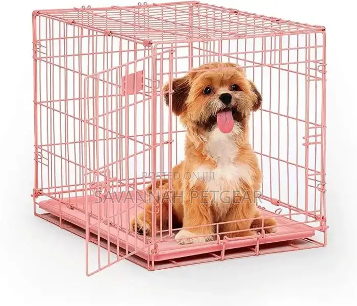Pink Folding Metal Dog Crate With Divider Panel Floor -Small