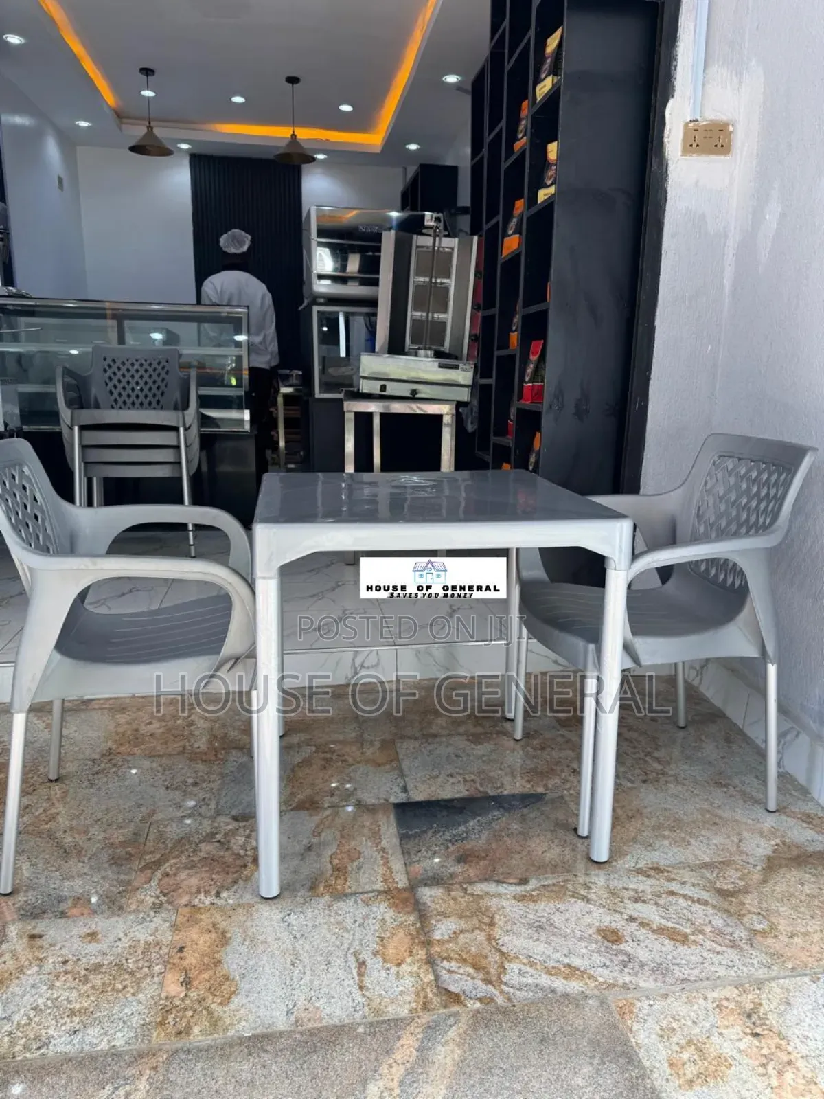 2 Plastic Chair With Metal Legs +1 Plastic Table Gray