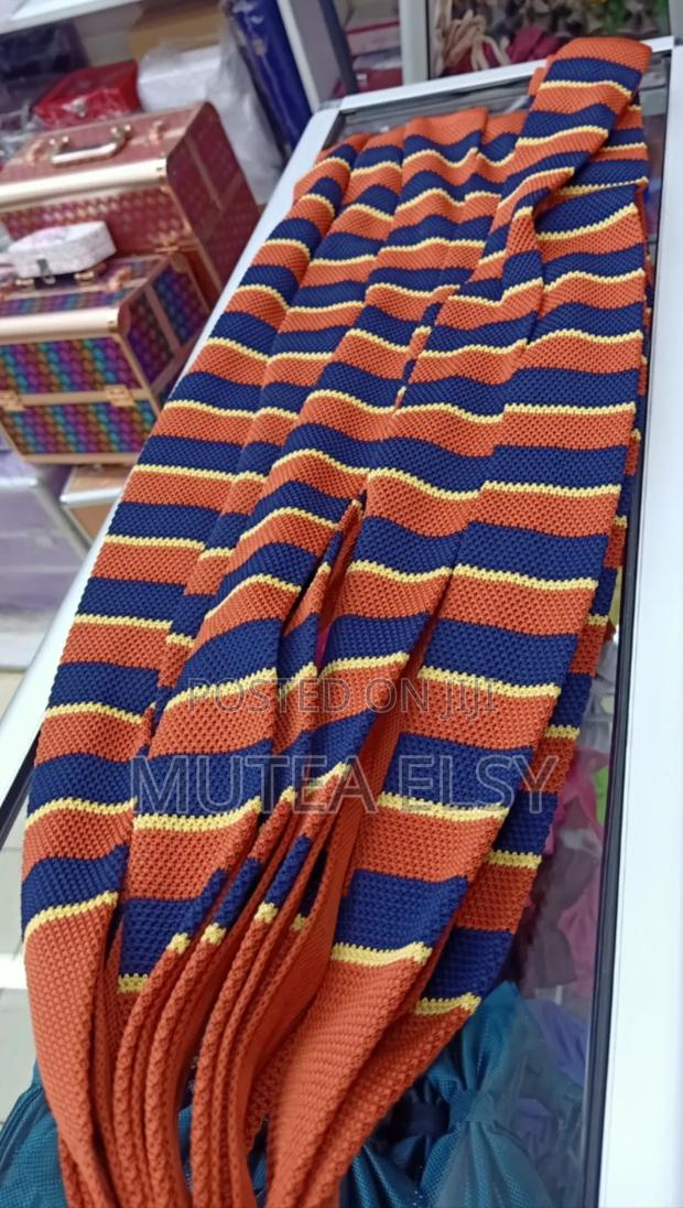 Navyblue,Brawn Yellow Stripped Knitted Ties - thumbnail 2