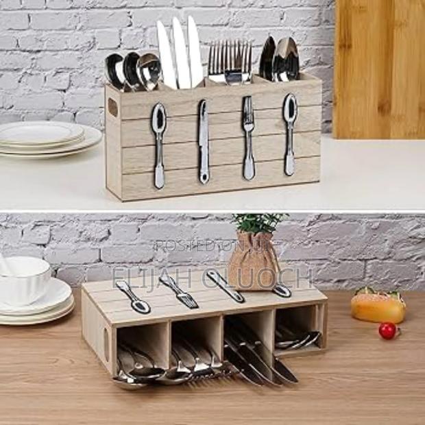 *Wooden 30x8x15cm 4 Compartment Cutlery Box Organizer