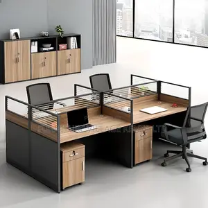 Office Tables; 4-Way Office Workstation in Brown Color
