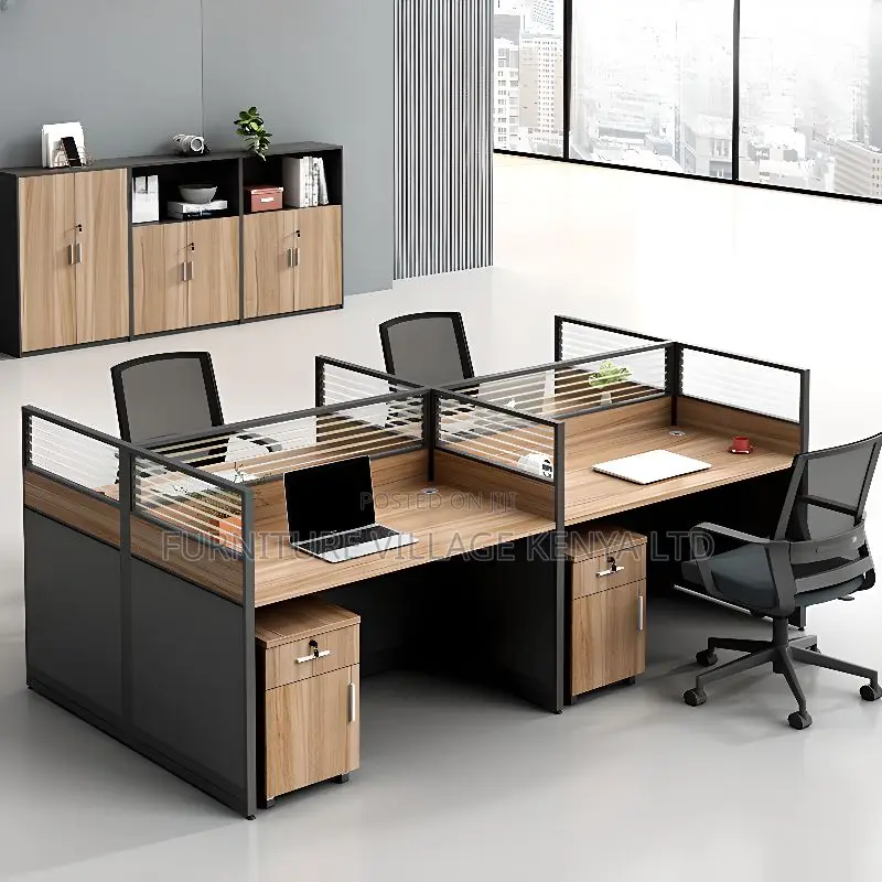 Office Tables; 4-Way Office Workstation in Brown Color