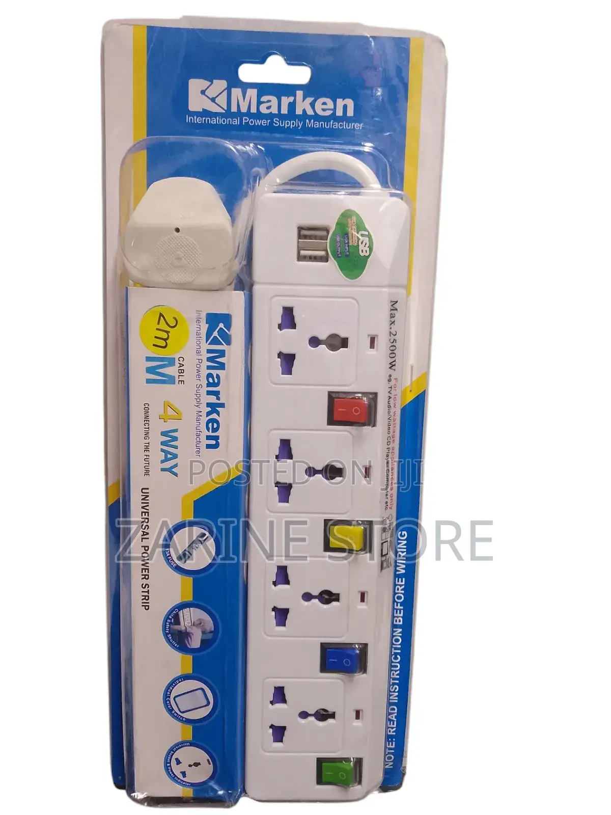 4 Ways Marken Power Extension 2 USB Port Power Indicator