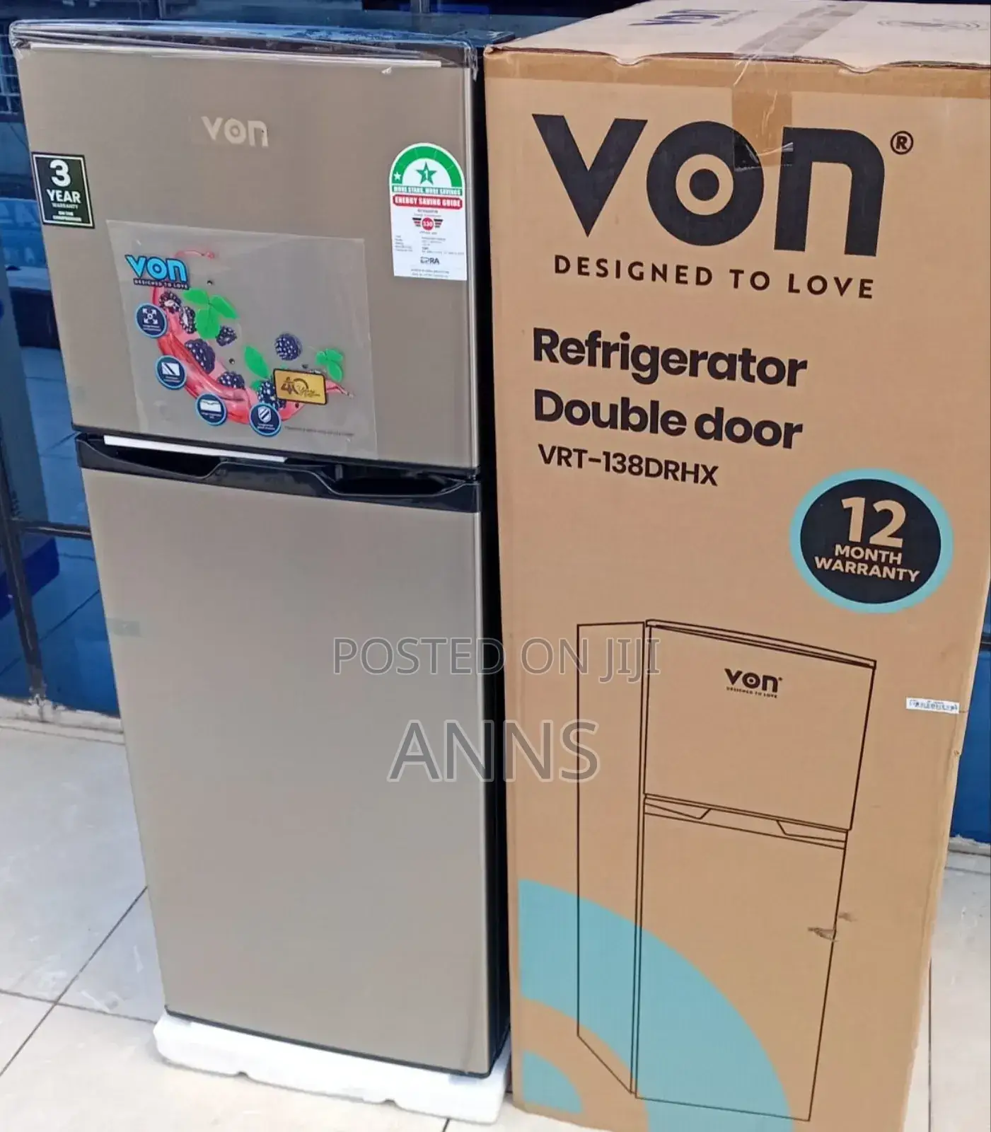 Von Double Door 138L ~ VRT-138DRHX REFRIGERATOR