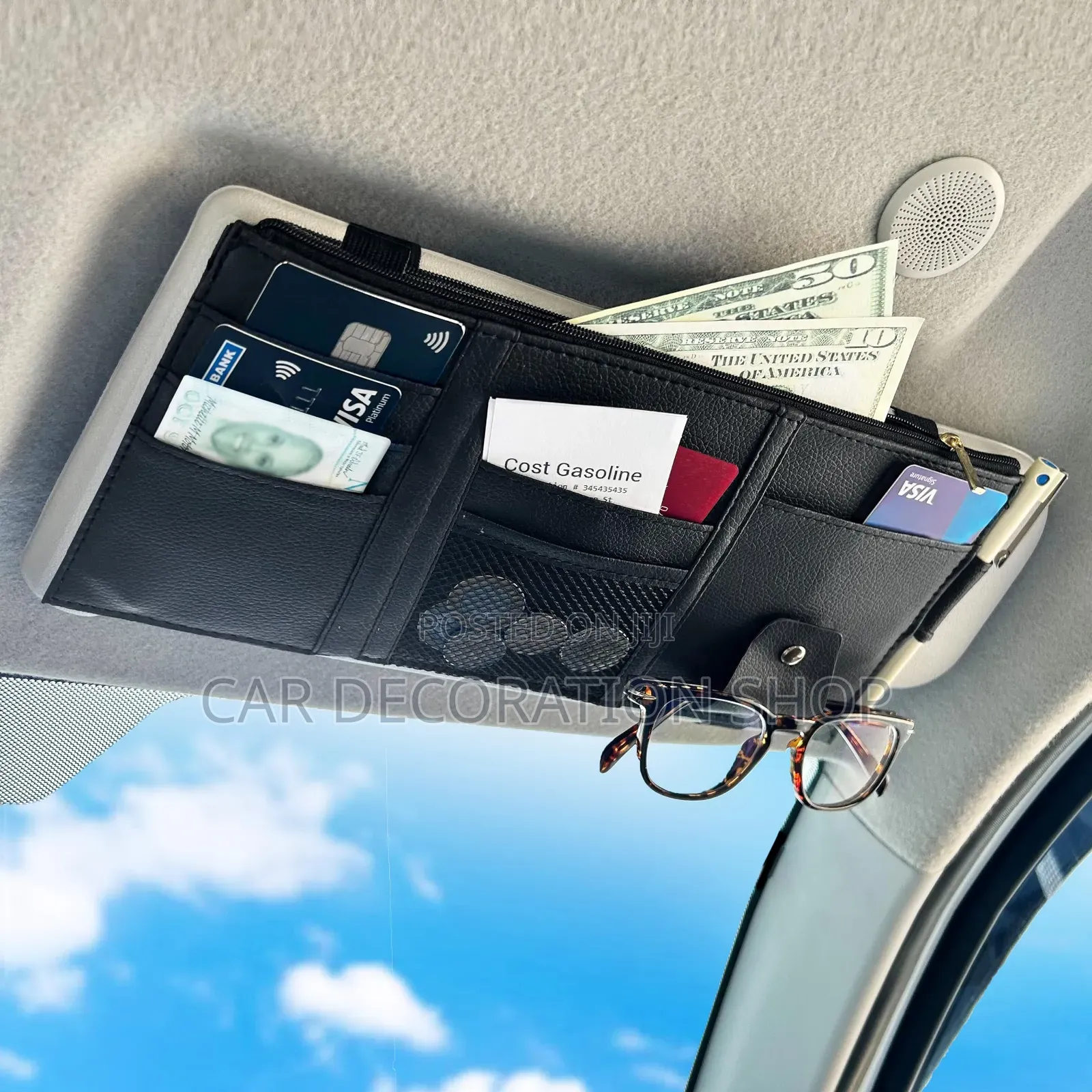 Car Sun Visor Clip on Leather Card Organizer With Zip