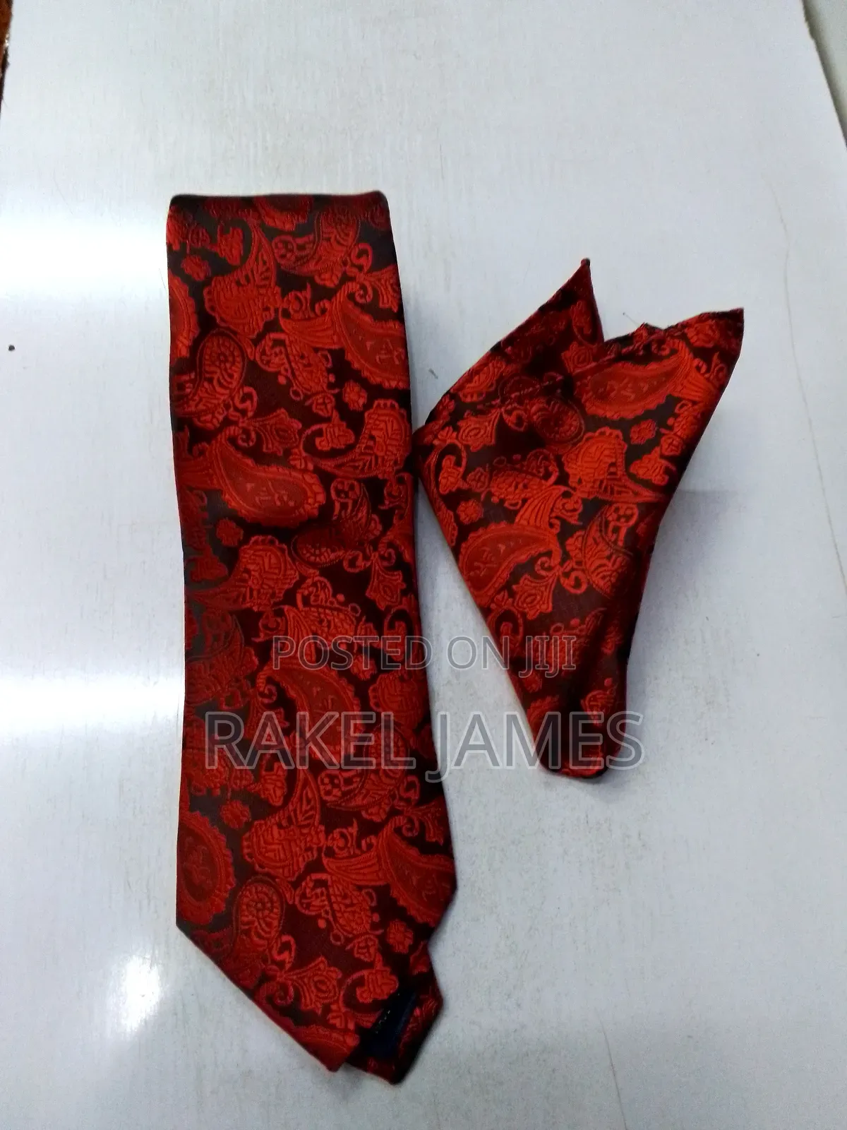 Red Floral Tie With Pocket Square