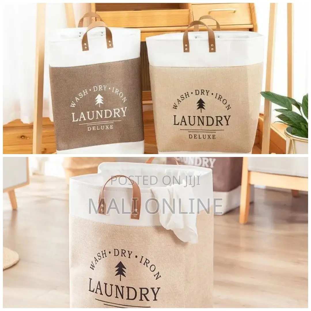 Linen Fabric Laundry Basket With Leather Handle