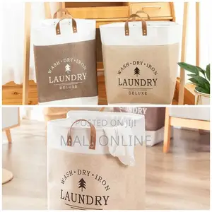 Linen Fabric Laundry Basket With Leather Handle