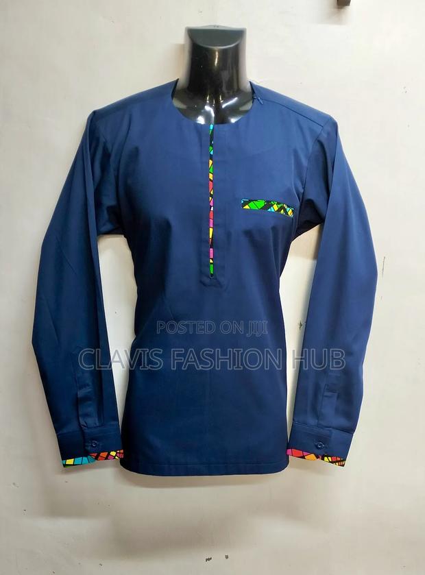 Navy Blue Shirt With Minimal Kitenge