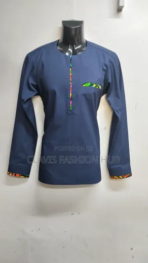 Navy Blue Shirt With Minimal Kitenge