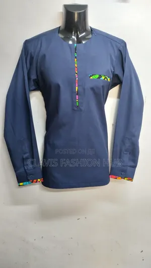 Navy Blue Shirt With Minimal Kitenge