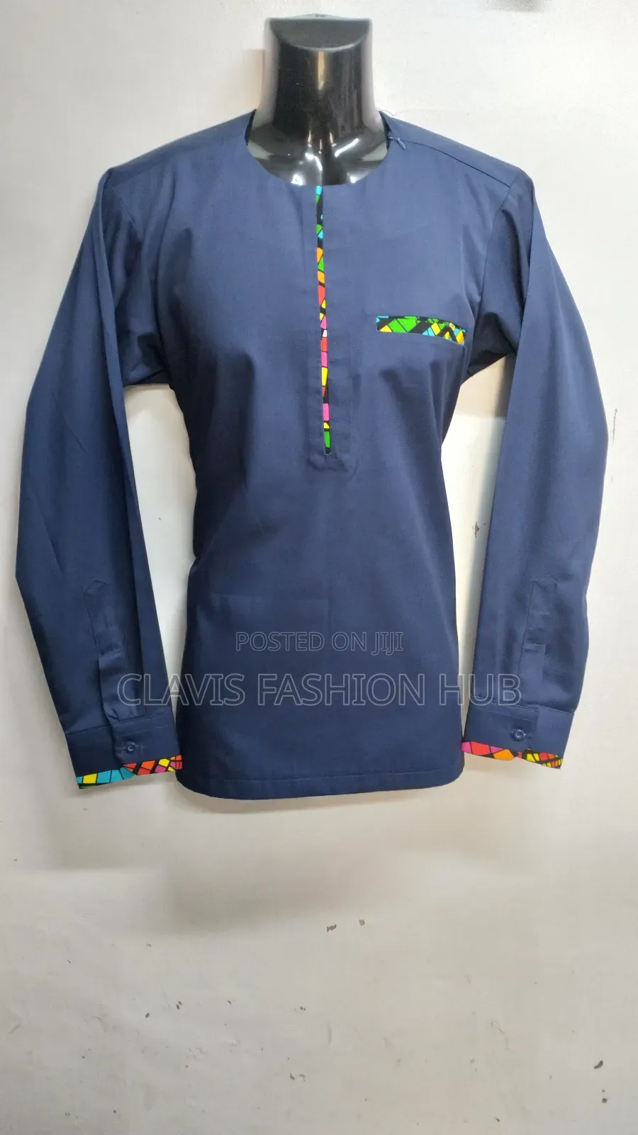 Navy Blue Shirt With Minimal Kitenge