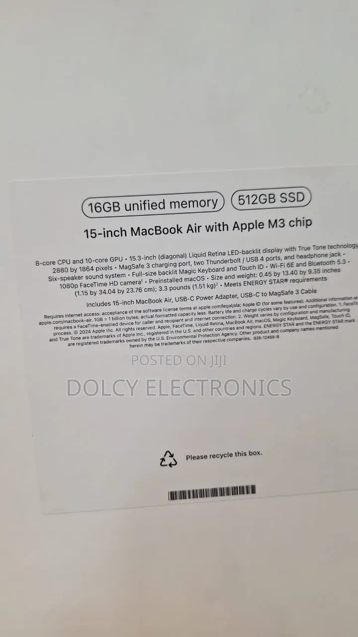 New Laptop Apple MacBook Air 16GB Apple M3 SSD 512GB