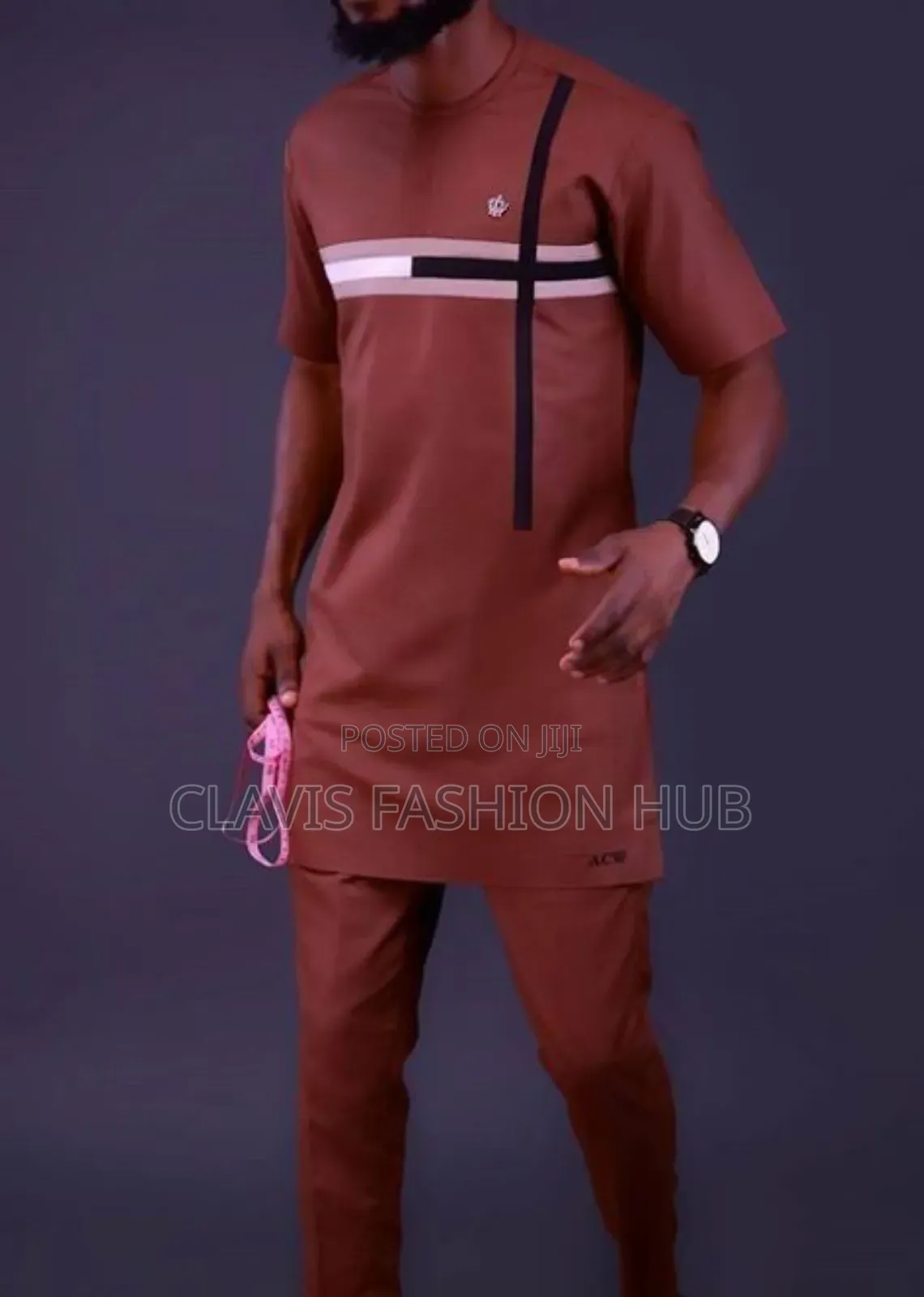 Maroon African Suit With White Detailing on Chest
