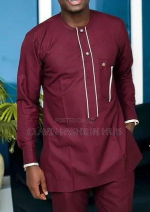 Maroon African Suit With White Detailing on Chest