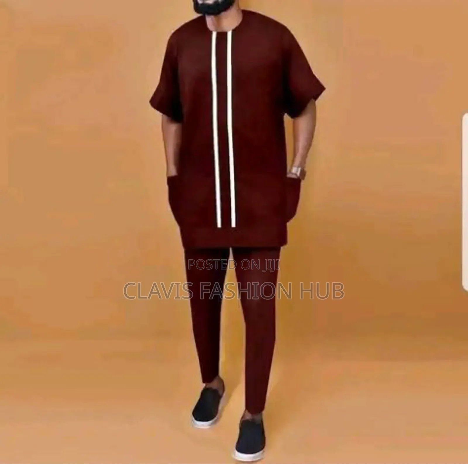 Maroon African Suit With White Detailing on Chest