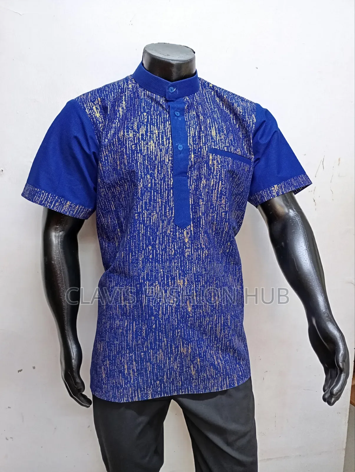 Blue Kitenge Short Sleeved Shirt With Chinese Collar