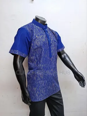 Blue Kitenge Short Sleeved Shirt With Chinese Collar