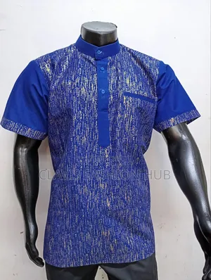 Blue Kitenge Short Sleeved Shirt With Chinese Collar