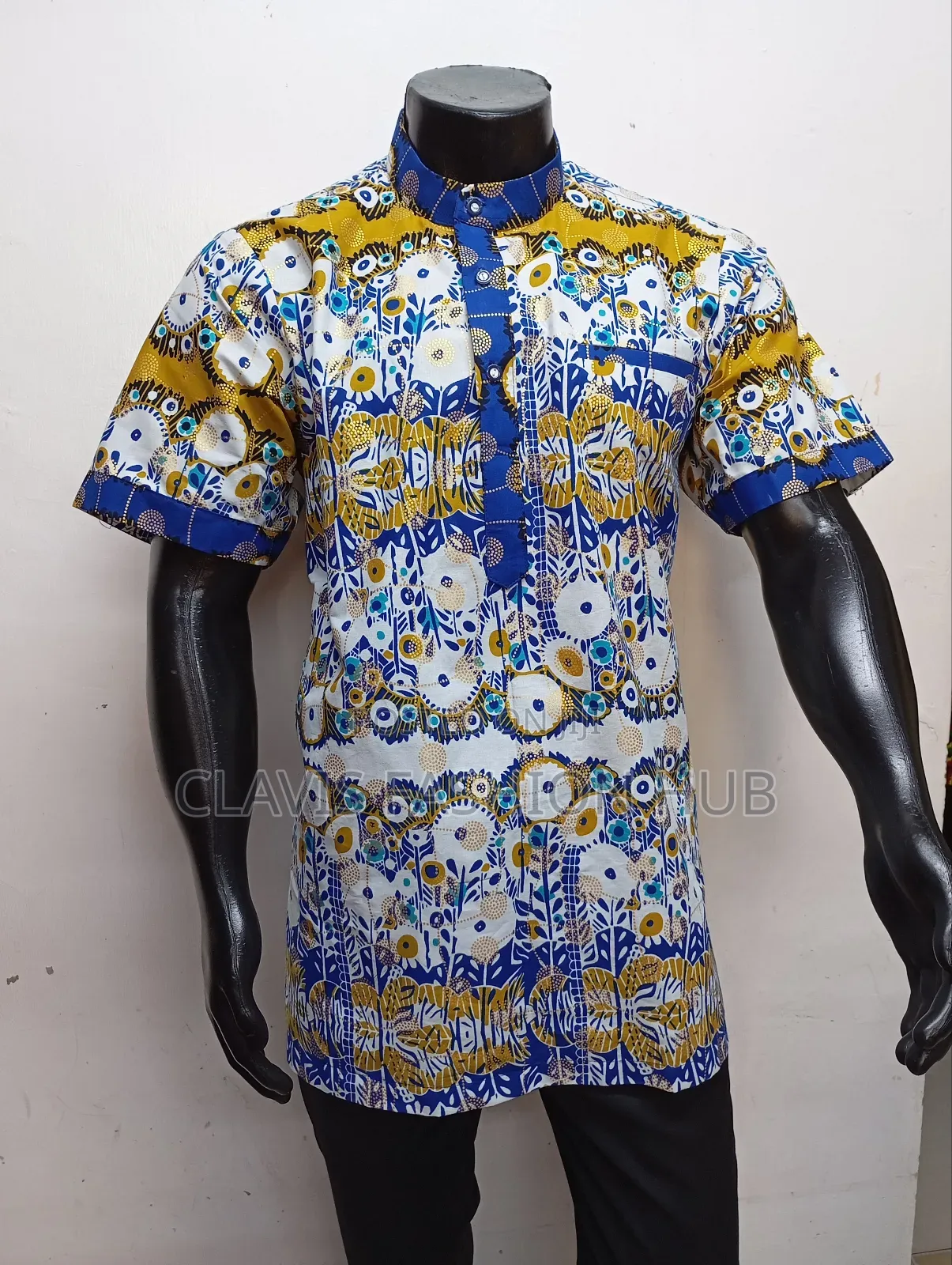 White Kitenge Shirt With Chinese Collar