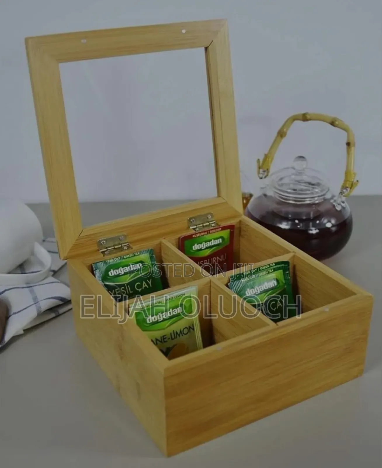*4 Compartment Bamboo TEA Bag Organizer With Clear Cover