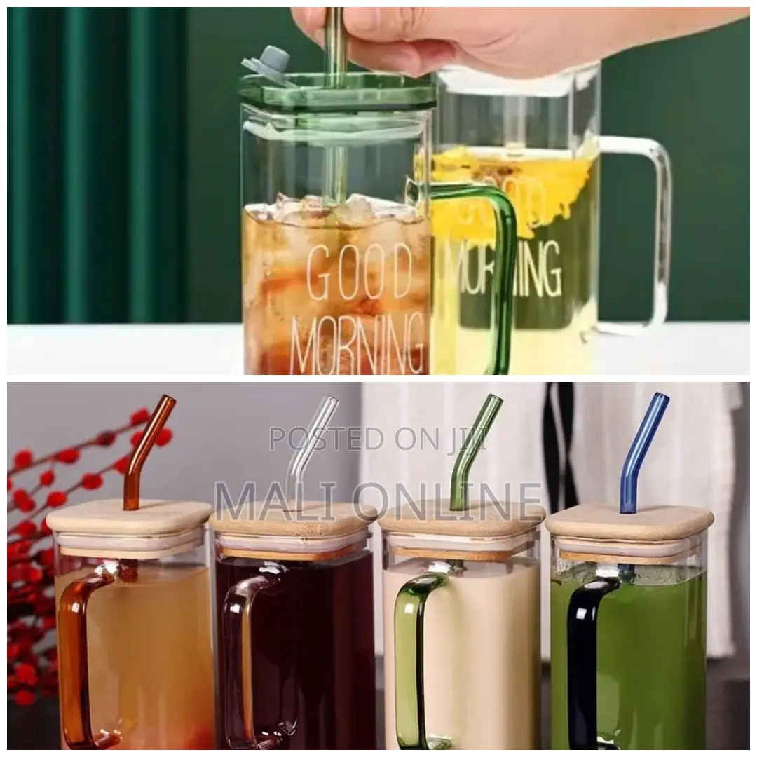 Borosilicate Square Glass Smoothie With Glass Coloured Straw