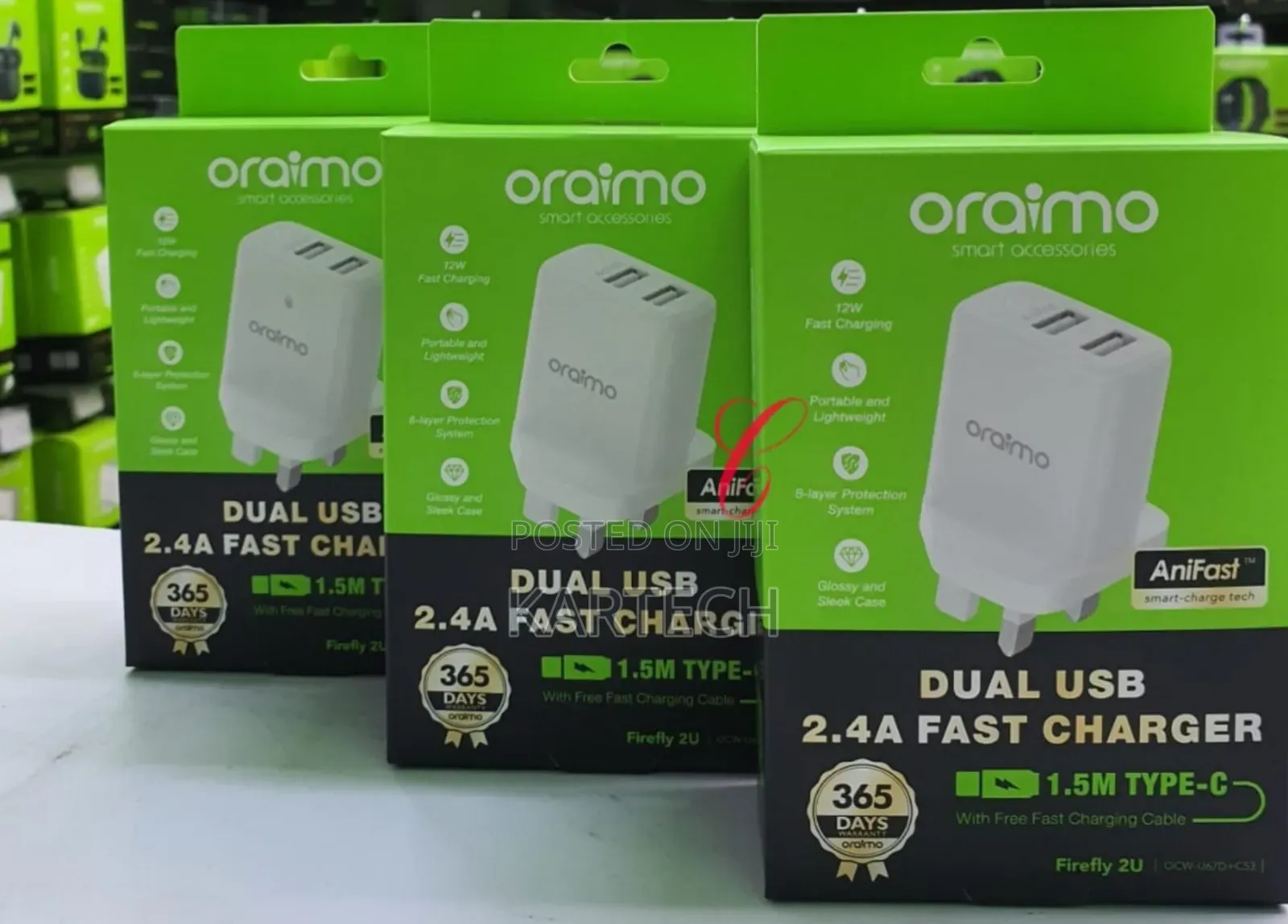 Oraimo Firefly 2U U67D+C53 Dual USB 2.4A Charger 1.5M Cable