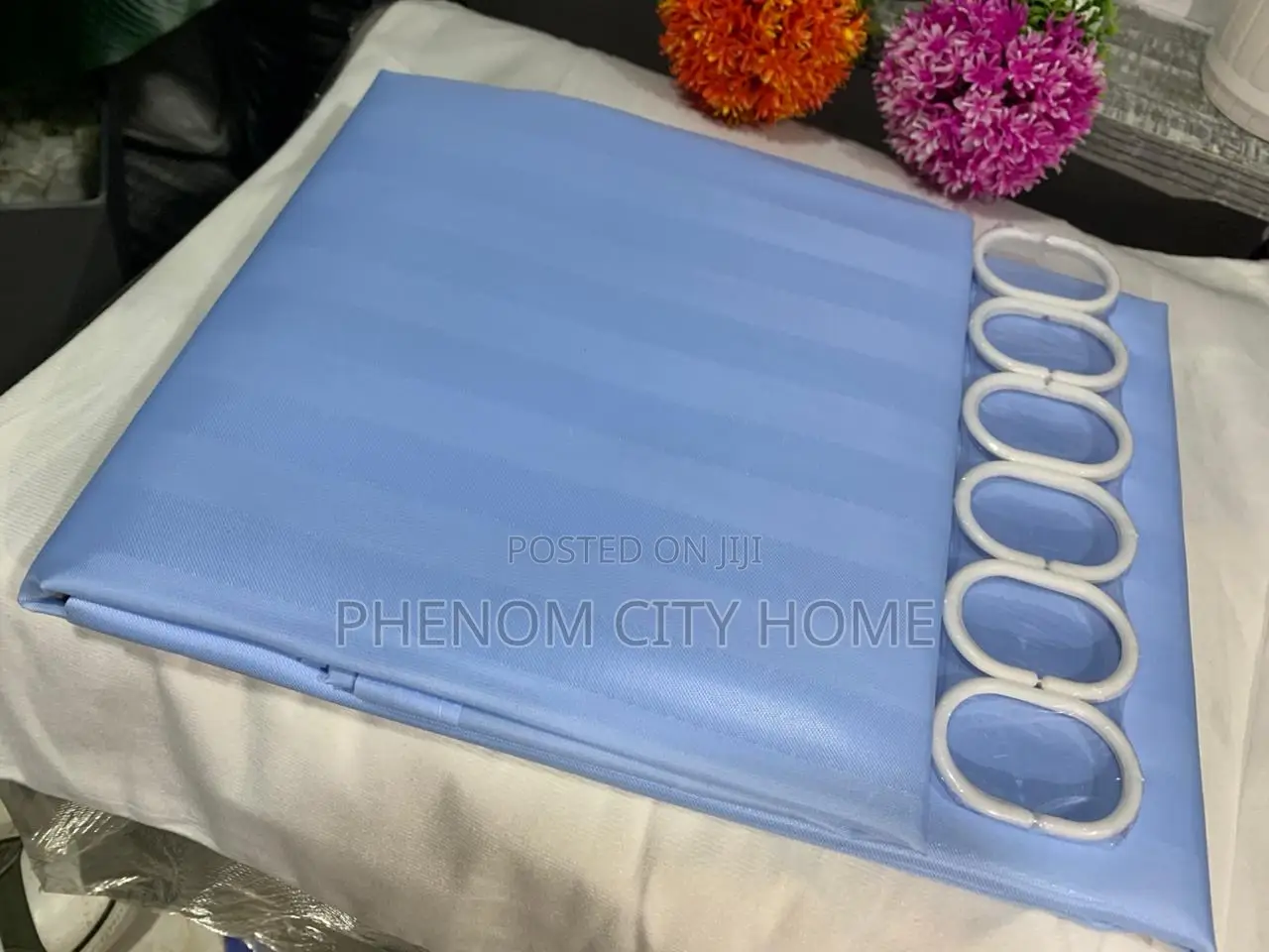 Sky Blue Stripped Polyester Shower Curtain