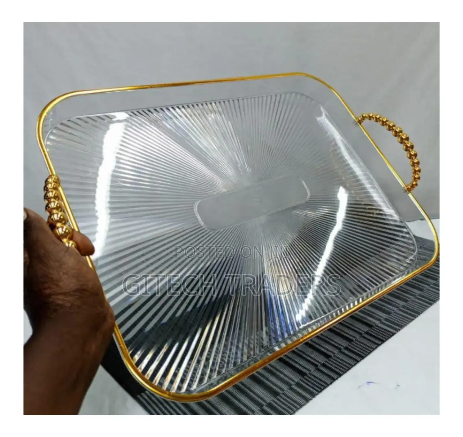 *3 PCS Serving Trays With Gold Crystals Handle