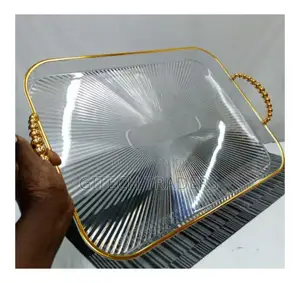 *3 PCS Serving Trays With Gold Crystals Handle
