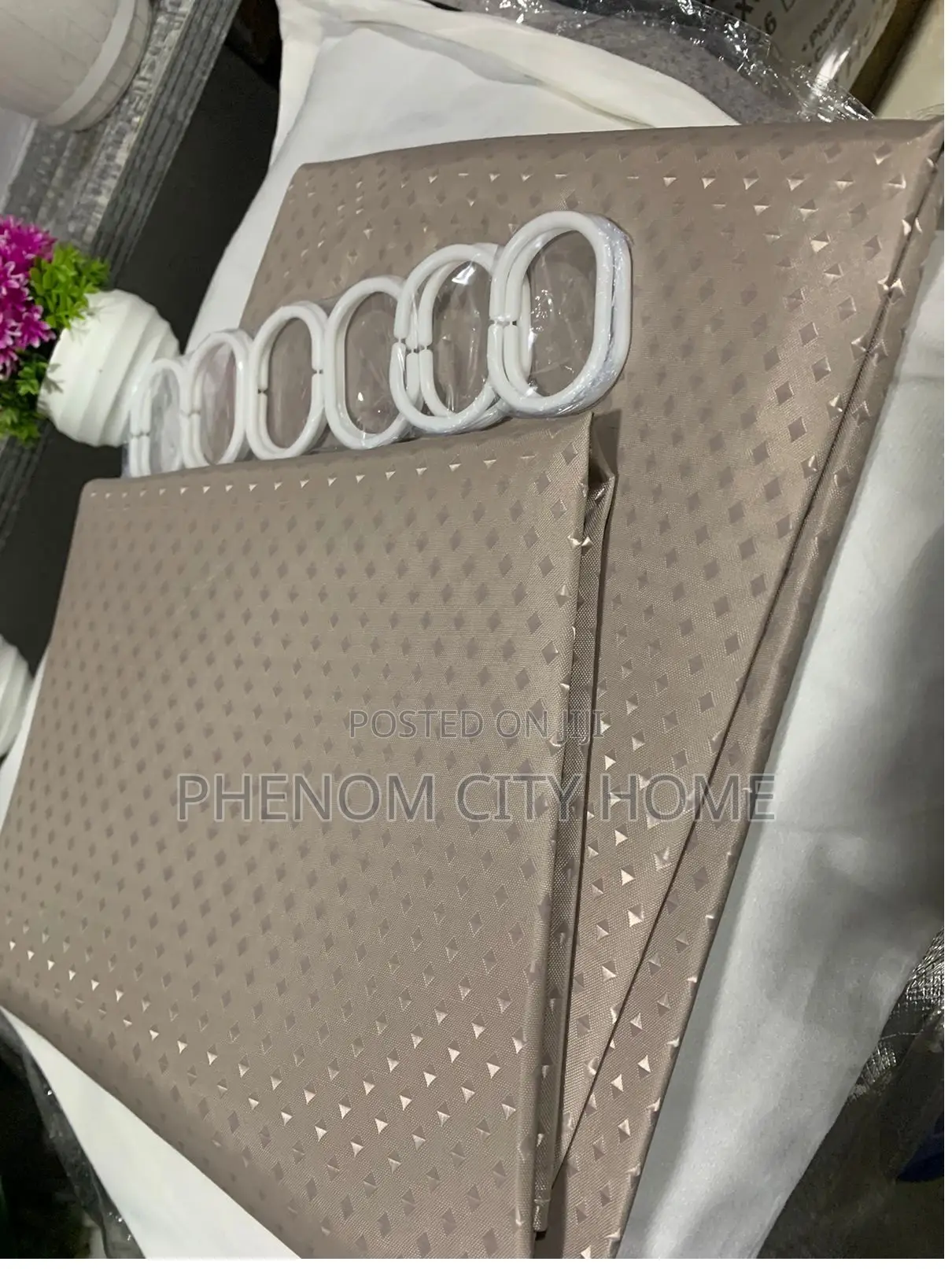 Grey Plain Polyester Shower Curtains With Dot Design