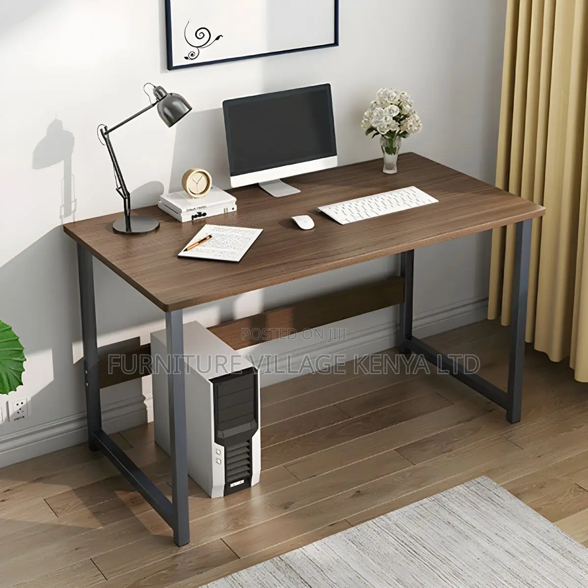 Modern Square Office Desk With Metal H-Shaped Base